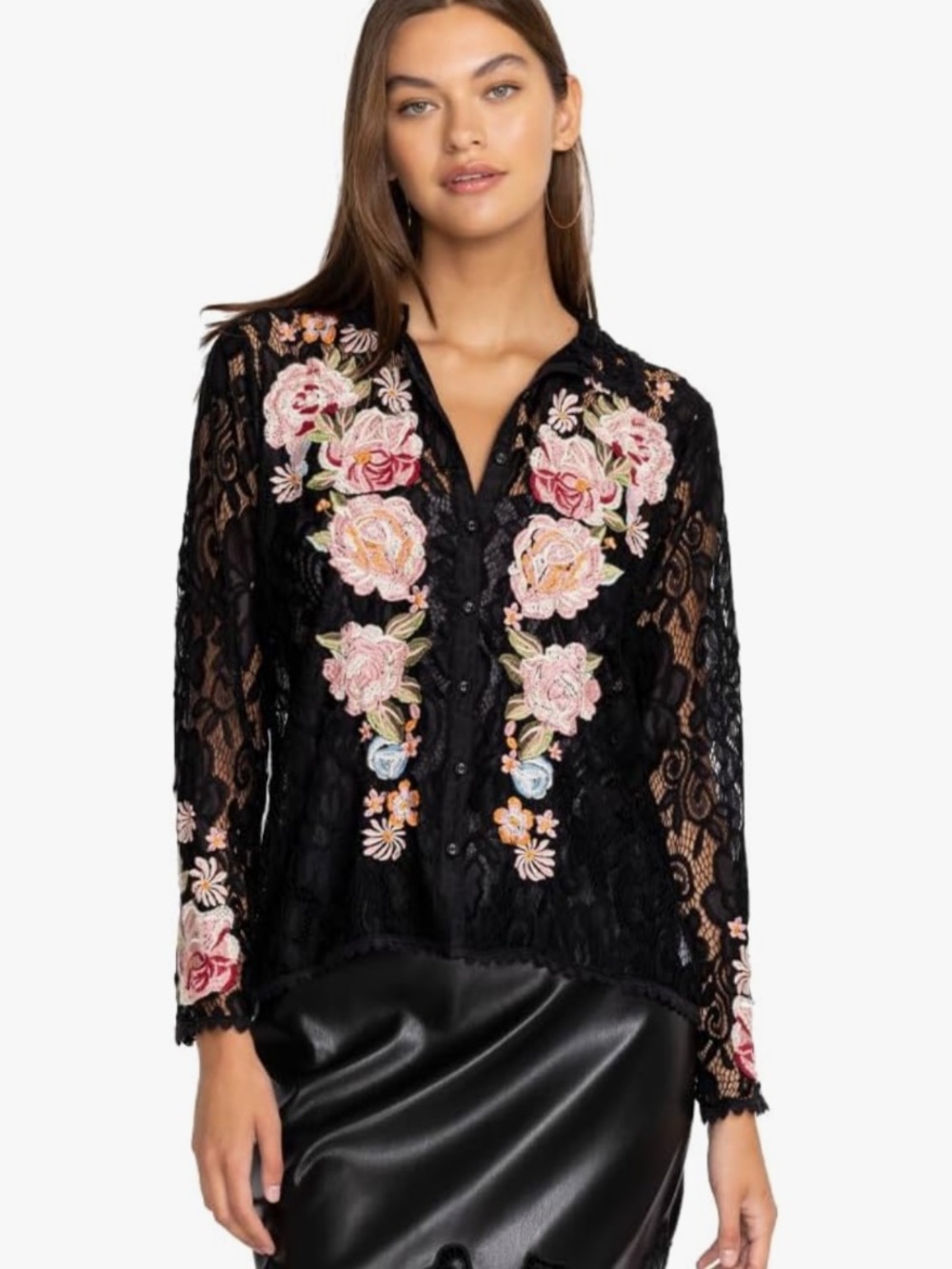 Johnny Was Veronne Lace Blouse GORGEOUS Long Sleeve Floral Embroidery Black Top - Picture 2 of 3